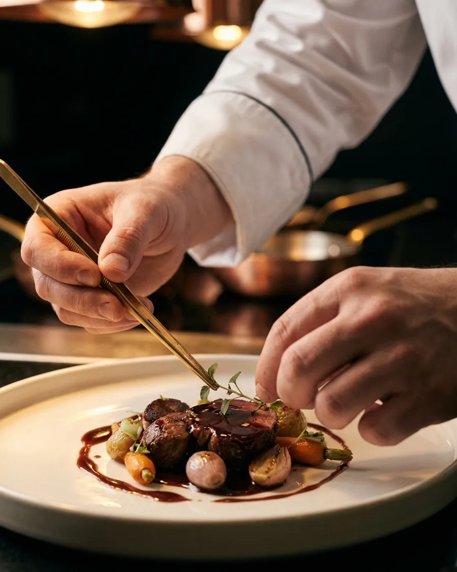 Les mains d'un chef posant une herbe sur une assiette à la pince dorée